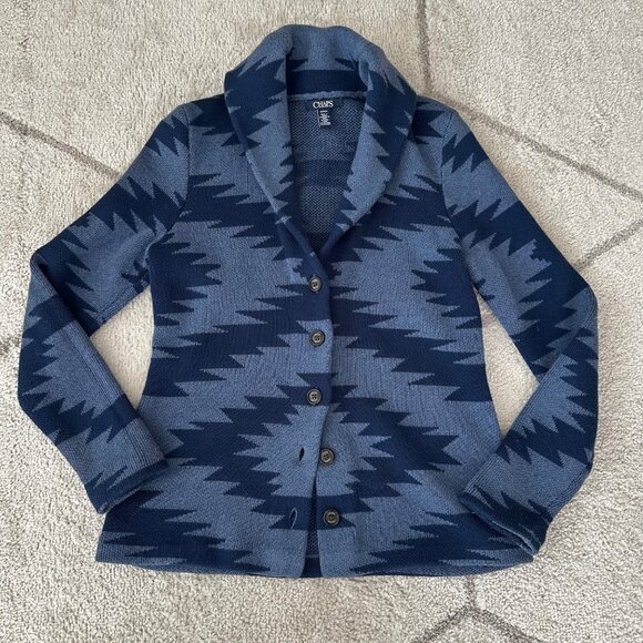 Chaps Two-Tone Blue Aztec Cardigan Sweater Southwestern Style Shawl Collar Sz Sm - Picture 1 of 6